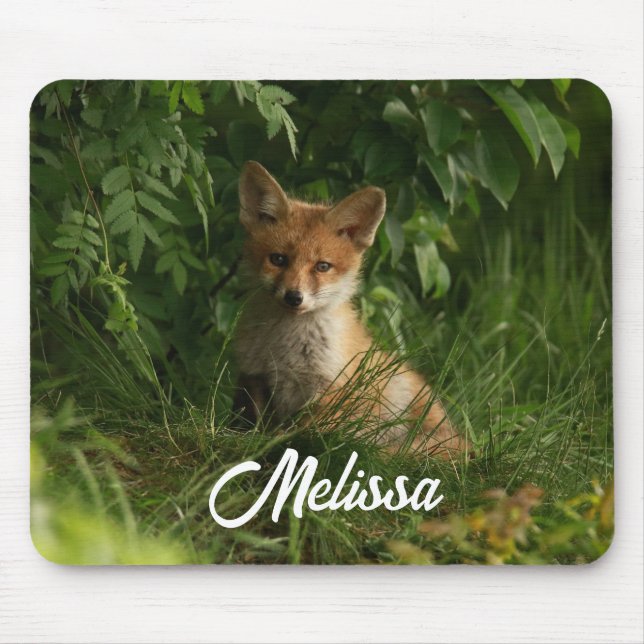 Mousepad Raposa-bebê-branca numa Floresta Verde (Frente)