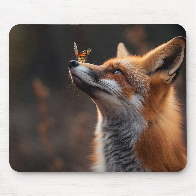 Mousepad Raposa-branca com uma borboleta sentada no nariz (Frente)