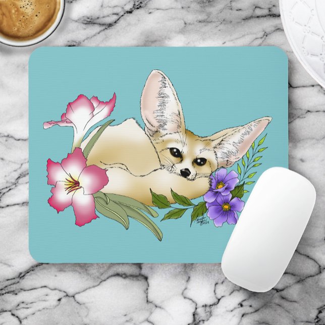 Mousepad Raposa Fennec Flores Rosa Roxo Fofo Botânico Azul (Criador carregado)