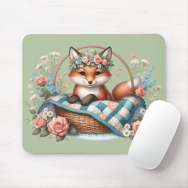 Mousepad Raposa Floral no Soquete com Comprimido e Flores (Com mouse)