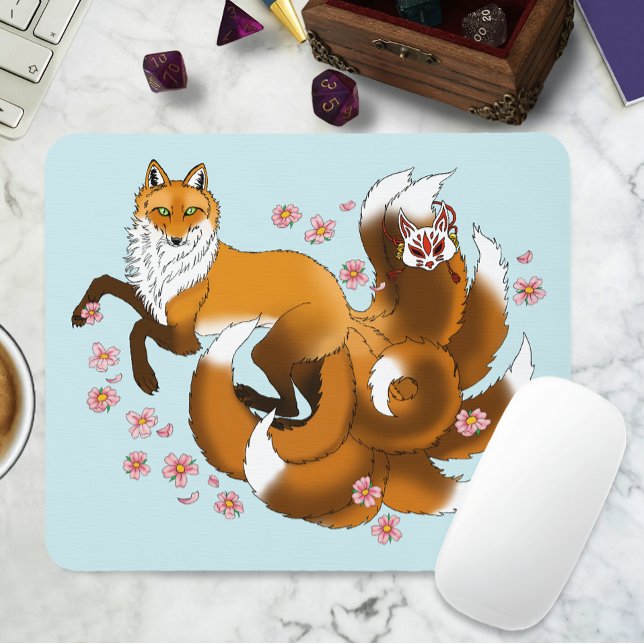 Mousepad Raposa Kitsune Caprichosa Flores de Cerejeira Azul (Criador carregado)