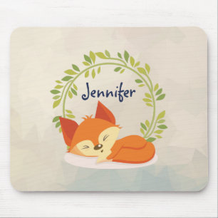 Mousepad Raposa Laranja Cachorra Dormindo com Folha Verde