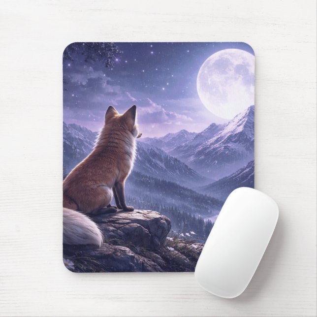 Mousepad Raposa Mística & Picos da Montanha Nevada sob a Lu (Com mouse)