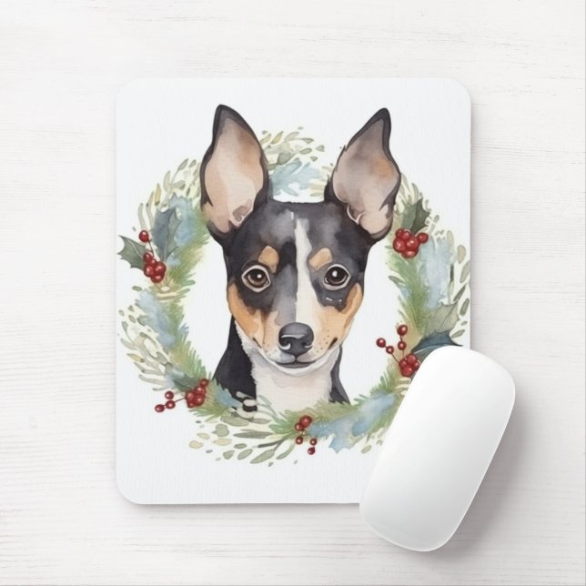 Mousepad Rat Terrier Christmas Wreath Festivo Pup (Com mouse)