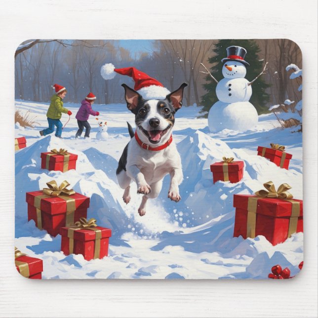 Mousepad Rat Terrier correndo em neve com chapéu de Natal (Frente)