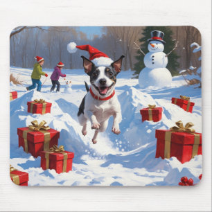 Mousepad Rat Terrier Correndo na Neve com Chapéu de Natal