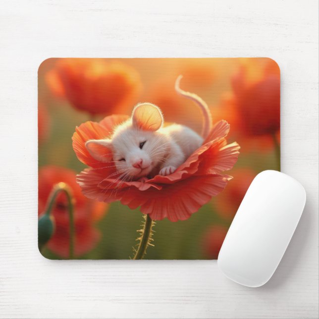 Mousepad Rato Branco Descansado em uma pálpebra vermelha (Com mouse)