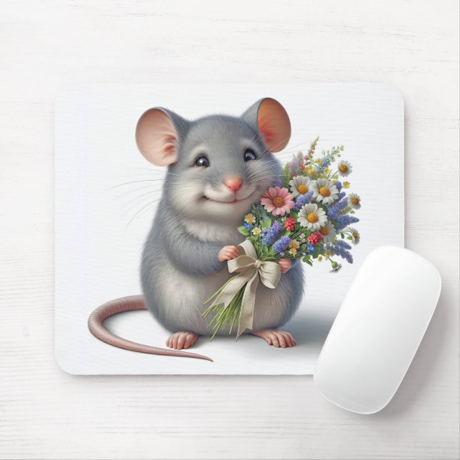 Mousepad Rato com Buquê de flor selvagem (Com mouse)