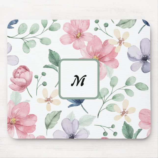 Mousepad Rato com Monograma de Flores Rosa de Cor Watercolo (Frente)