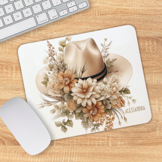 Mousepad Rato de chapéu personalizado de moça-de-cabra no o (Elegant Shabby Chic Cowgirl Hat with Wildflowers Personalized Mouse Pad)