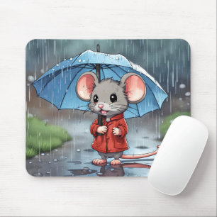 Mousepad Rato de cinza com guarda-chuva em chuva