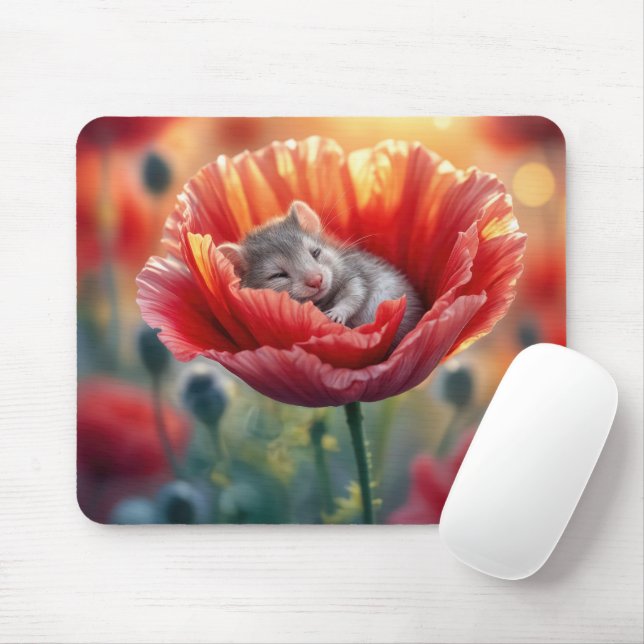 Mousepad Rato Dormindo em uma Flor Vermelha (Com mouse)