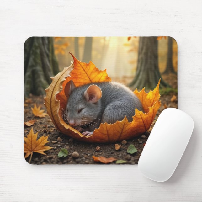 Mousepad Rato Dormindo numa Folha de outono (Com mouse)