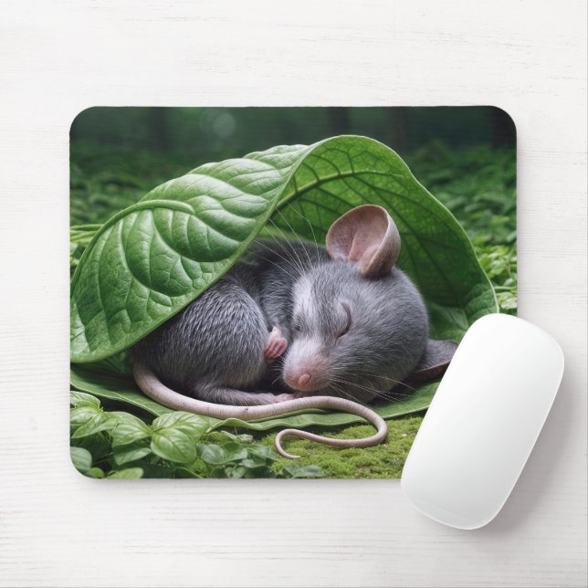 Mousepad Rato Dormindo numa Folha Verde (Com mouse)