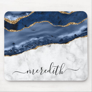 Mousepad Rato Trendy Marble Marinho Blue Dourado Agate Mono