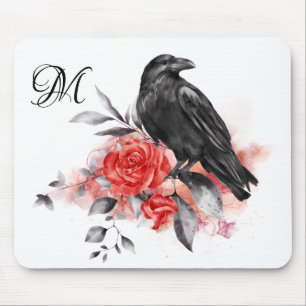 Mousepad Raven Elegant Monograma Gótico Rosa Aquarela Arte