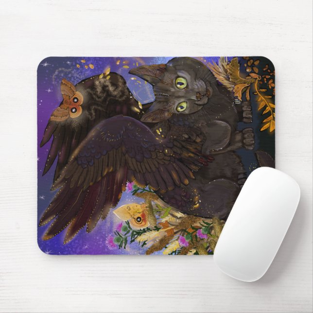 Mousepad Raven Winged Autumn Magic Cat (Com mouse)