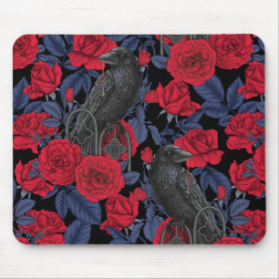 Mousepad Ravens e rosas com folhas azuis escuras