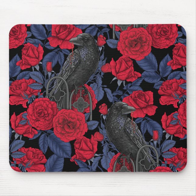 Mousepad Ravens e rosas com folhas azuis escuras (Frente)