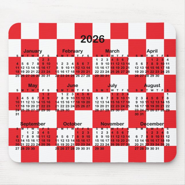 Mousepad Red and White Checkerboard 2026 Calendar (Frente)