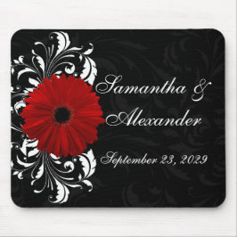 Mousepad Red, Black and White Scroll Gerbera Daisy