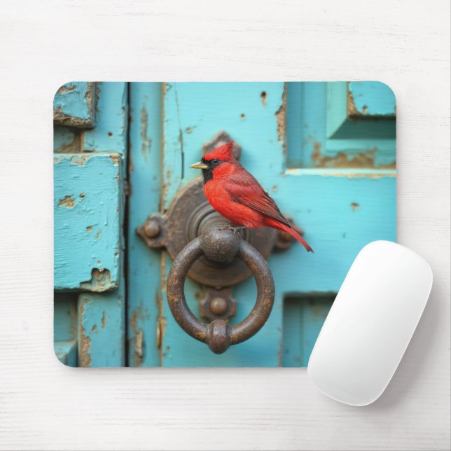 Mousepad Red Cardinal On a Rusty Door Knocker (Com mouse)