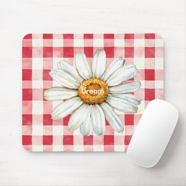 Mousepad Red Cream Plaid Daisy Flower (Com mouse)