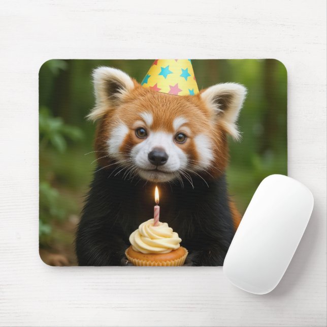 Mousepad Red Panda segurando um Cupcake de aniversário (Com mouse)
