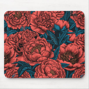 Mousepad Red peony flowers and moths