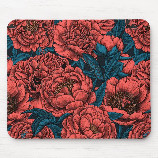 Mousepad Red peony flowers and moths (Frente)
