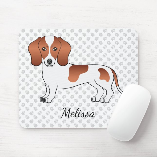 Mousepad Red Pied Smooth Coat Dachshund Cartoon Dog & Name (Com mouse)
