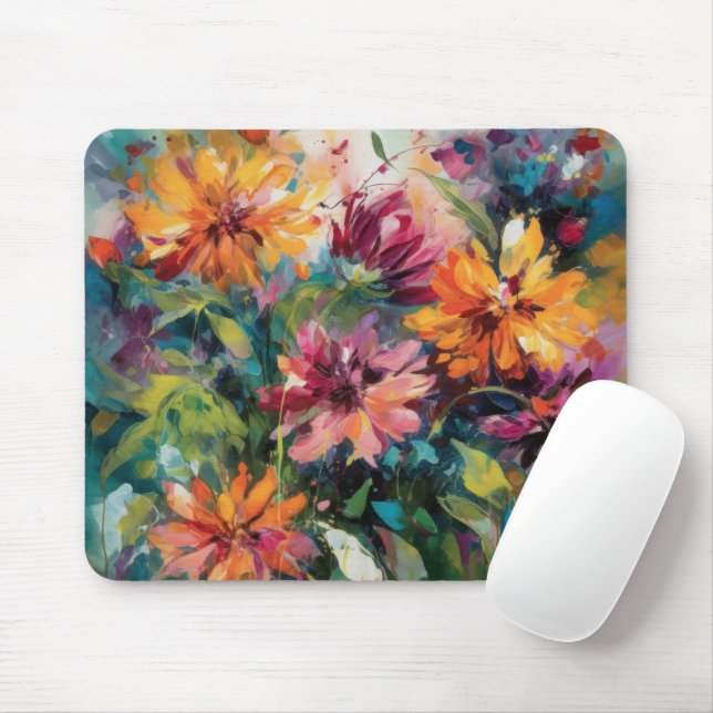 MOUSEPAD RED PINK YELLOW GREEN ABSTRACT WATERCOLOR FLOWERS (Com mouse)