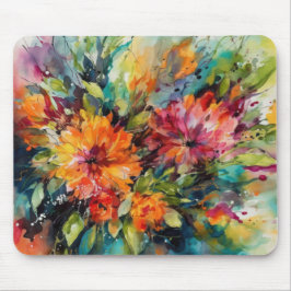 MOUSEPAD RED PINK YELLOW GREEN ABSTRACT WATERCOLOR FLOWERS