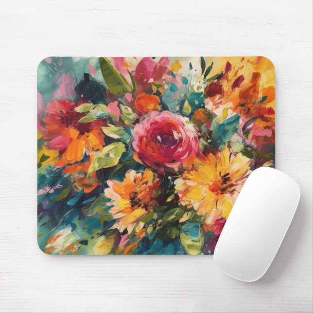 MOUSEPAD RED PINK YELLOW GREEN ABSTRACT WATERCOLOR FLOWERS (Com mouse)