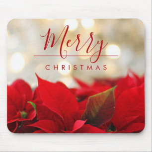Mousepad Red Poinsettias com Ouro Bokeh Natal