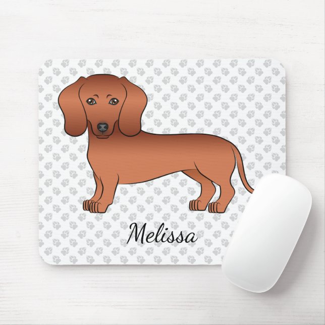Mousepad Red Smooth Coat Dachshund Cute Cartoon Dog & Name (Com mouse)