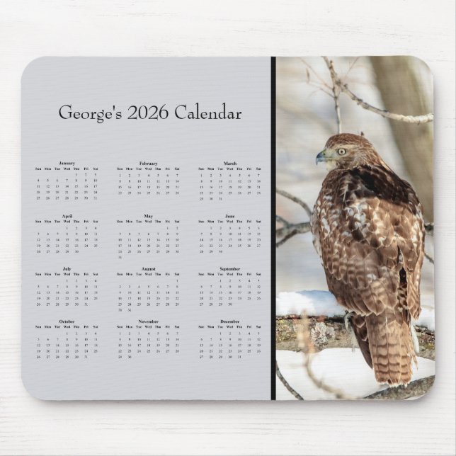 Mousepad Red-tailed Hawk: Customize full year 2026 calendar (Frente)