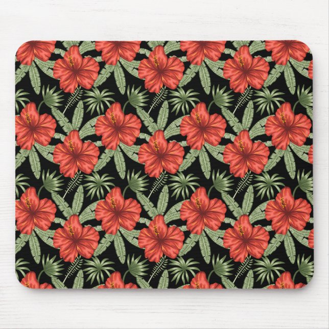 Mousepad Red tropical flowers seamless pattern green leaves (Frente)