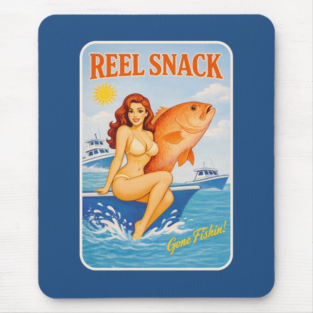 Mousepad Reel Snack Retro Pin-Up Red Snapper Fishing Boater (Frente)