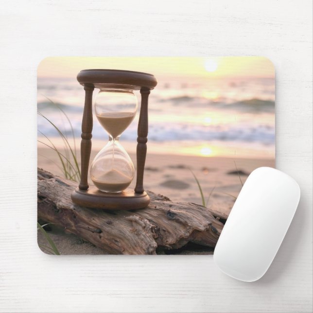 Mousepad Relógio de Areia sobre Madeira Flutuante na Praia (Com mouse)