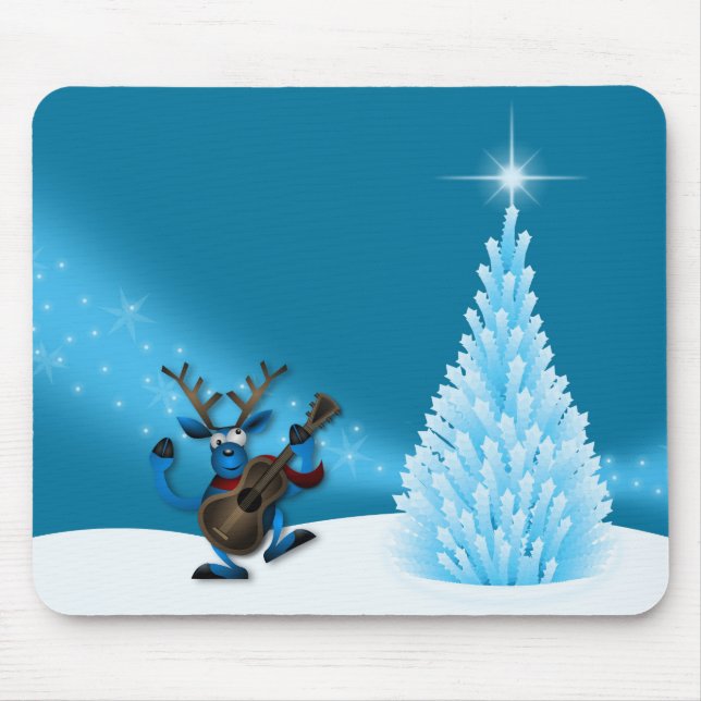 Mousepad Rena Dançando Guitarra Árvore de Natal Azul (Frente)