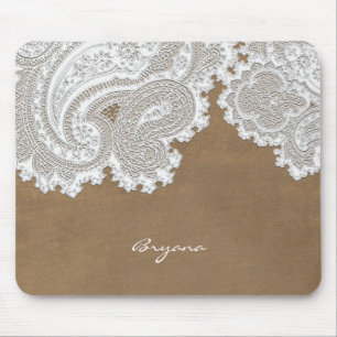Mousepad Renda Branca & Marrom Rústico Chic Elegante Campo