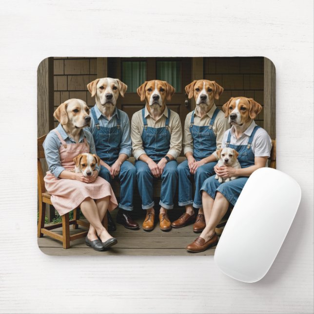 Mousepad Retrato da família Hound Dog em uma varanda (Com mouse)