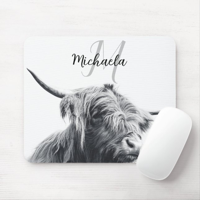 Mousepad Retrato da vaca em terras altas monograma inicial  (Com mouse)