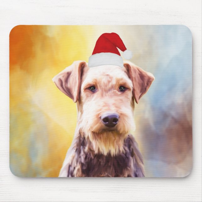 Mousepad Retrato de Arte Santa Hat do Cachorro Airedale (Frente)