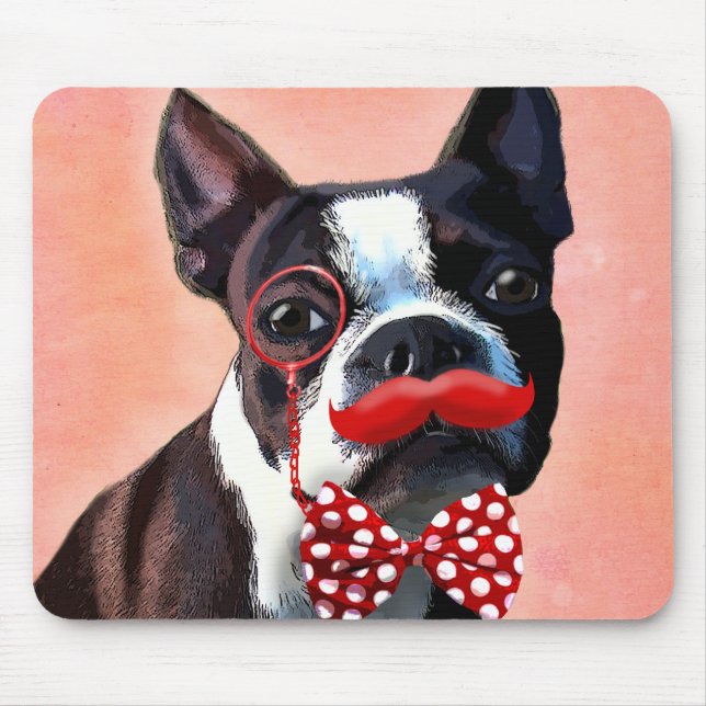 Mousepad Retrato de Boston Terrier com gravata vermelha de  (Frente)