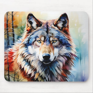 Mousepad Retrato de Lobo Selvagem e Vibrante em Aquarela