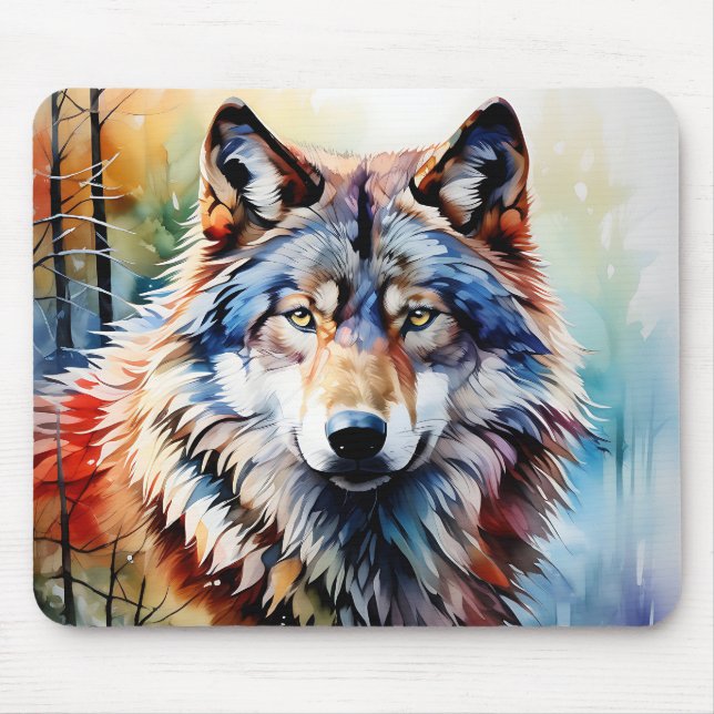 Mousepad Retrato de Lobo Selvagem e Vibrante em Aquarela (Frente)