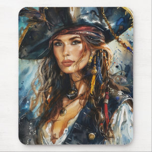 Mousepad Retrato de Mulher Pirata em Aquarela
