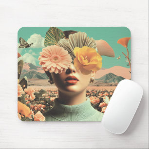 Mousepad Retrato Feminino Surrealista Com Flores Cobrindo o